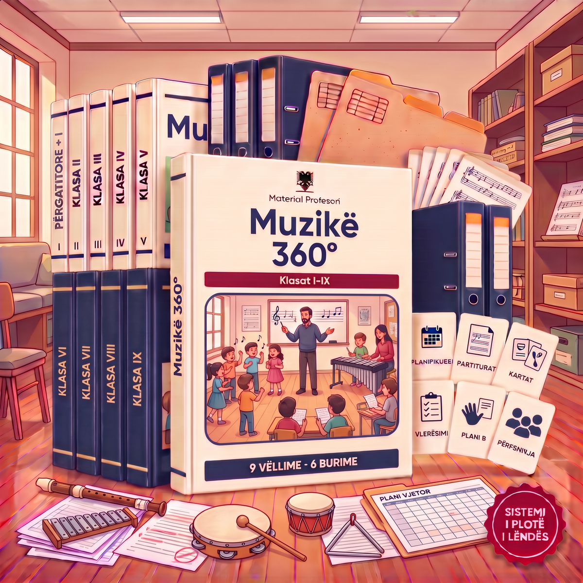 Muzikë 360°: nëntë vëllime për lëndën e muzikës, me planin vjetor, njësinë javore, partiturat, kartat dhe vlerësimin pa stres